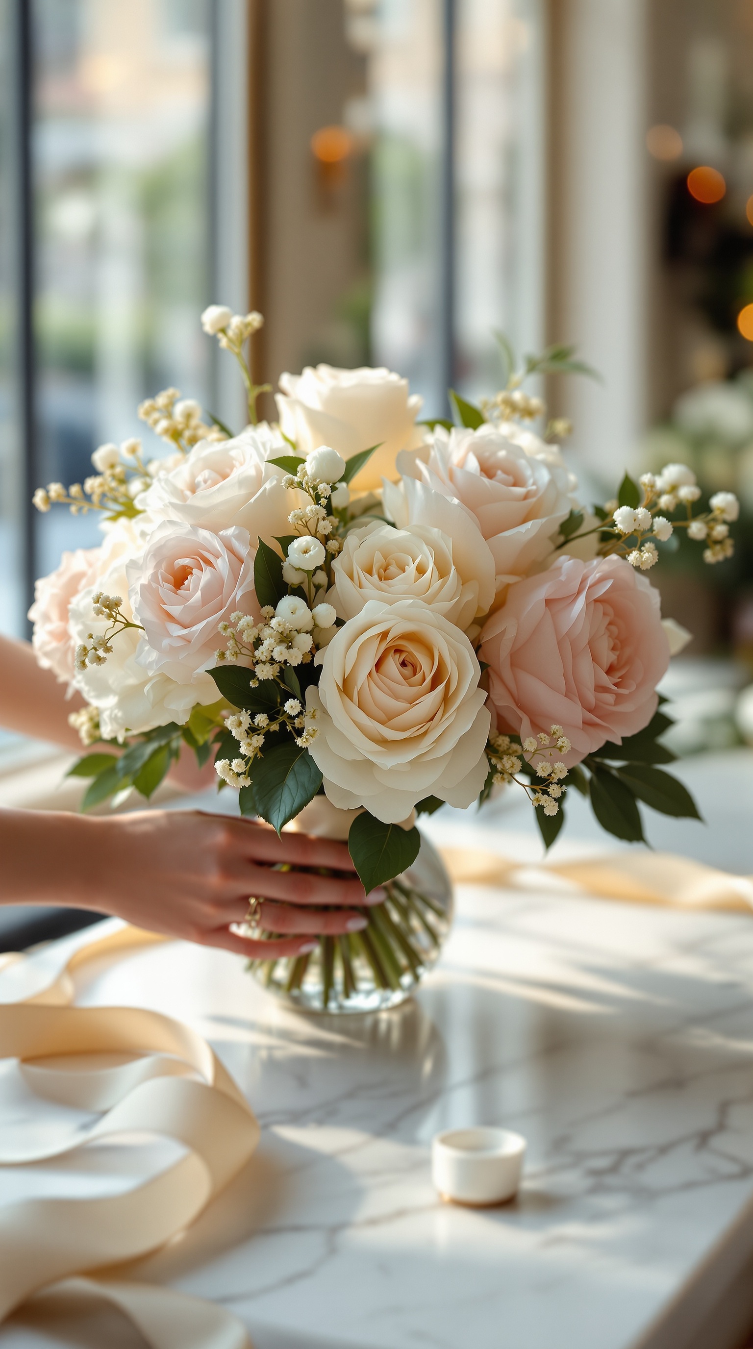 Florist's hands arranging white and blush roses on marble in a sunlit Vienna studio