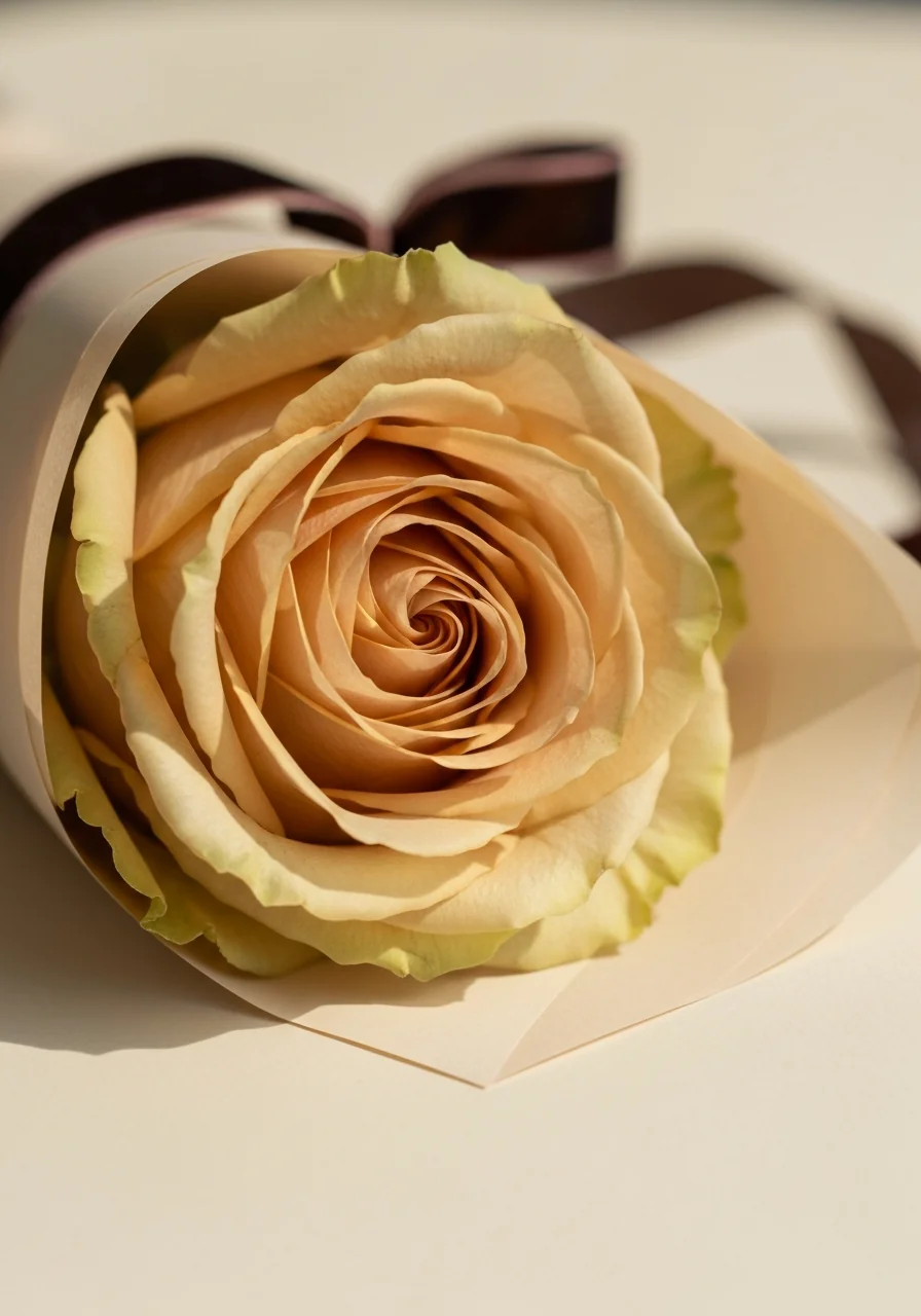 Classique — macro detail, single champagne rose