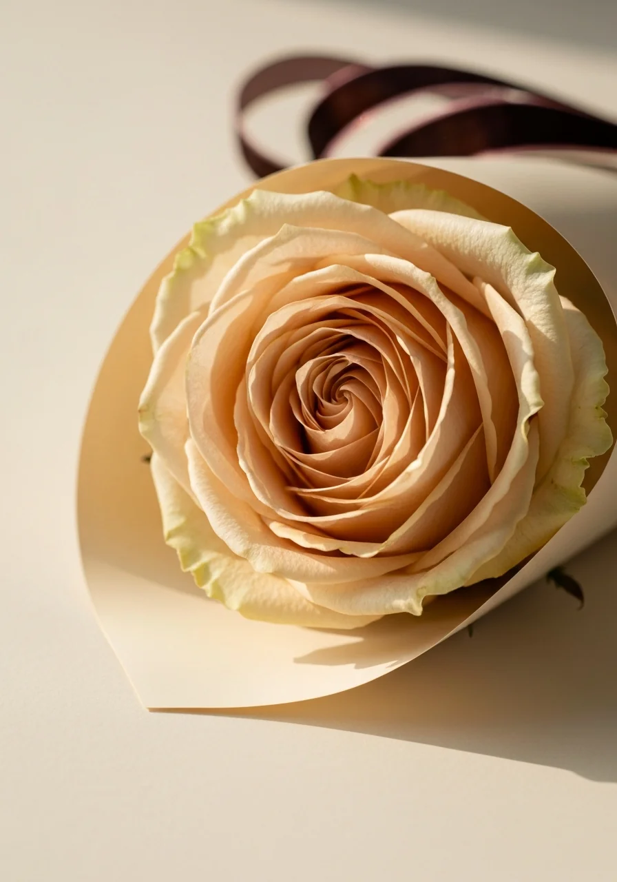 Petite — macro detail, single champagne rose