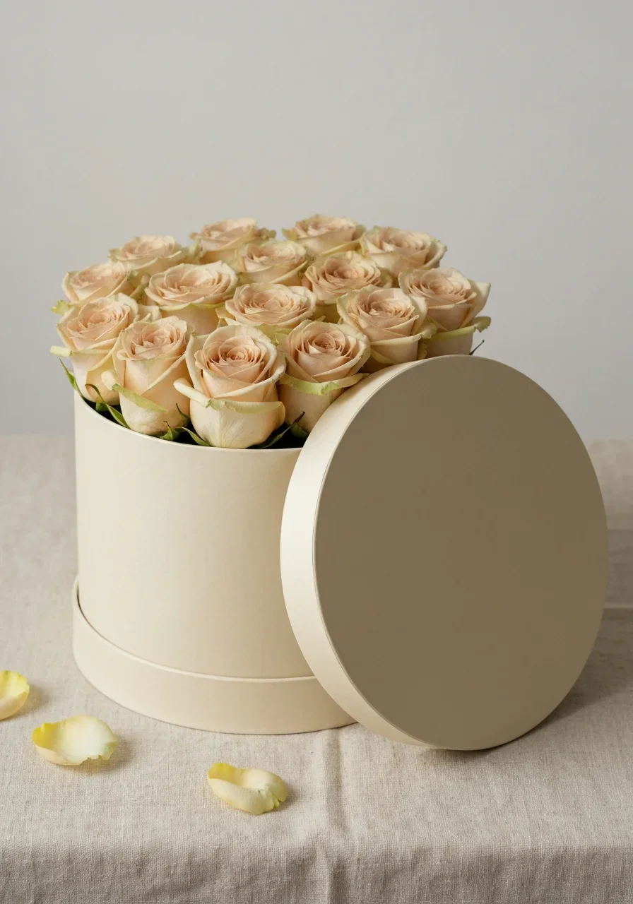 Large — 21 roses · round hat-box, champagne roses