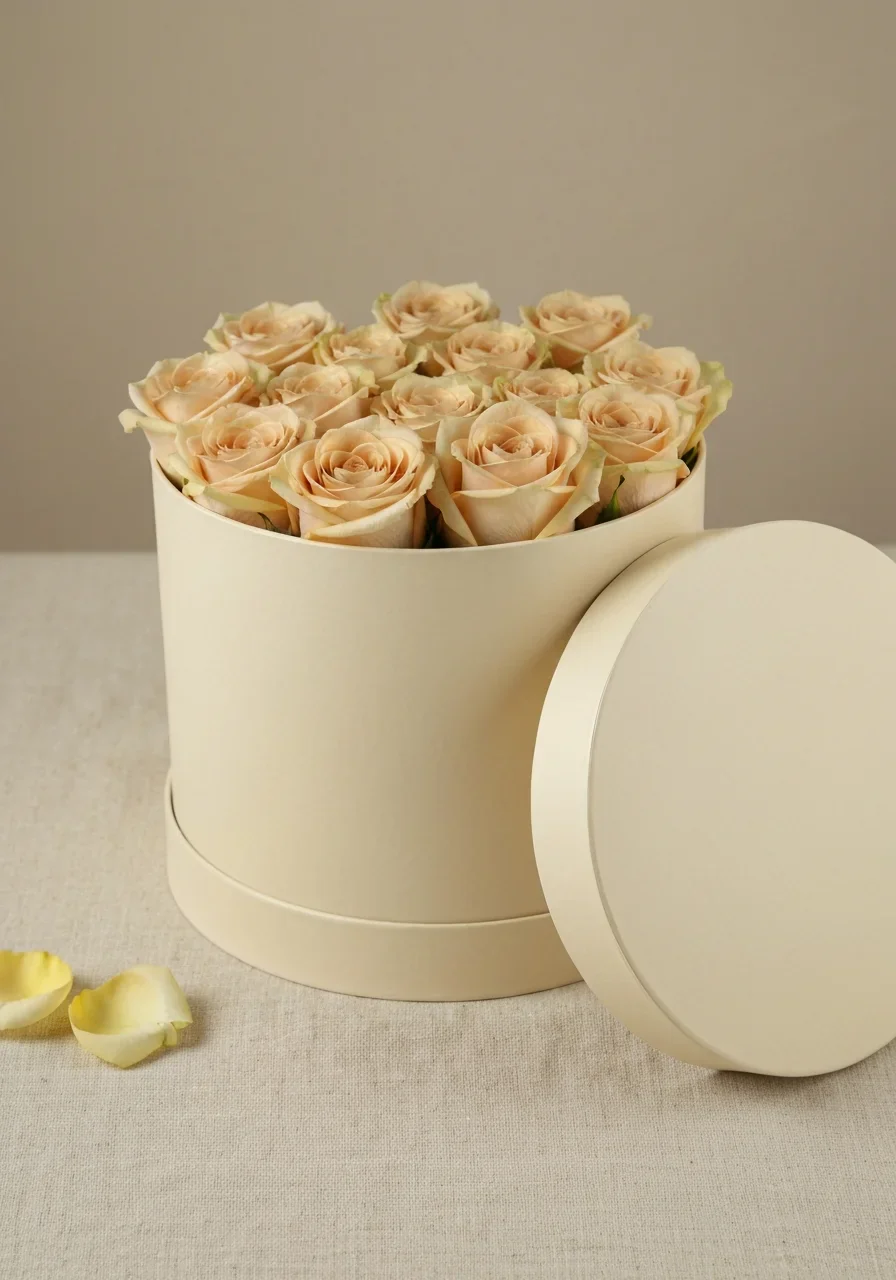 Medium — 15 roses · round hat-box, champagne roses