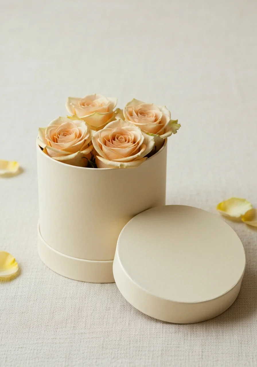 Mini — 4 roses · round hat-box, champagne roses