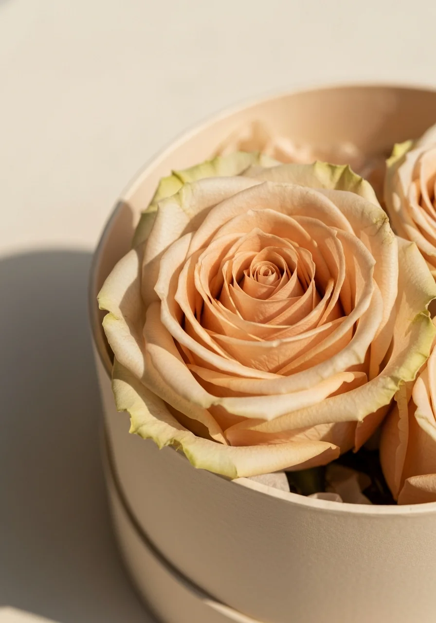 Medium — macro detail, single champagne rose