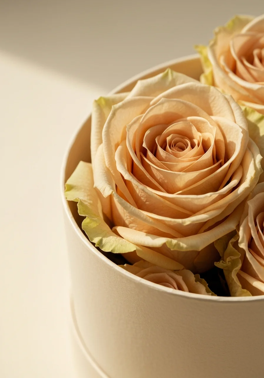 Small — macro detail, single champagne rose